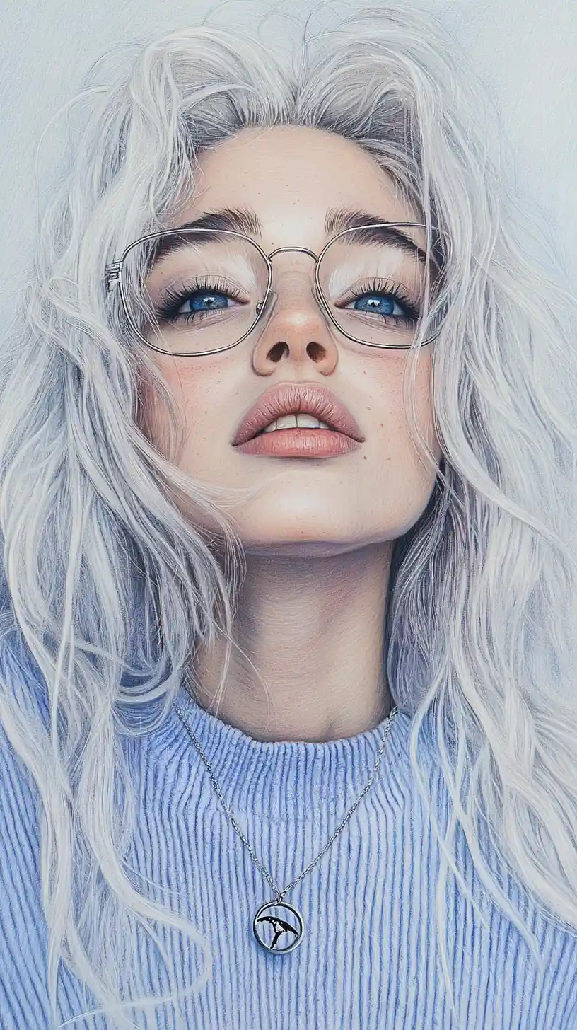 Woman with silver hair and glasses in pencil portrait