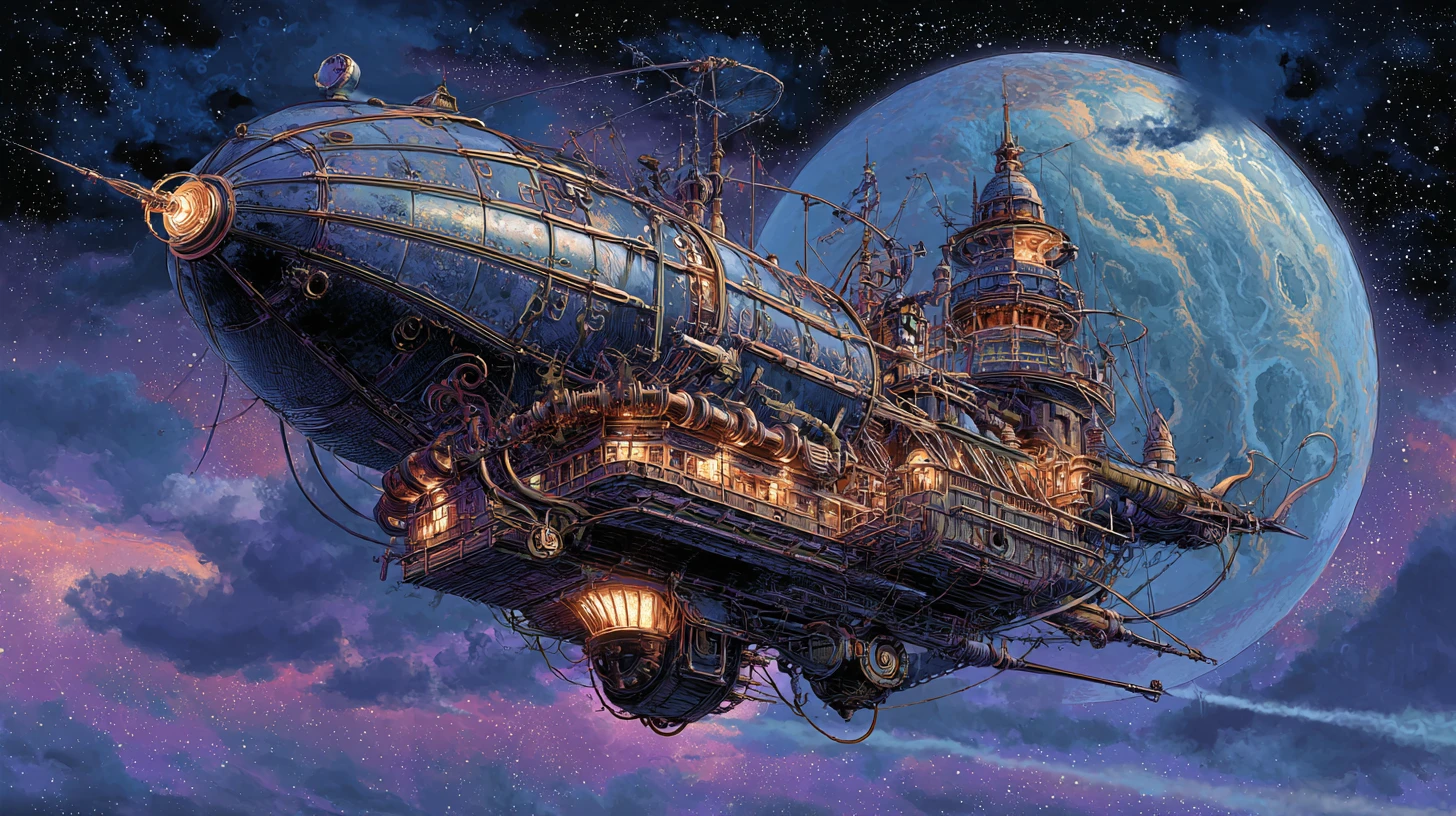 Steampunk spaceship guided by a cosmic witch in vibrant galaxy