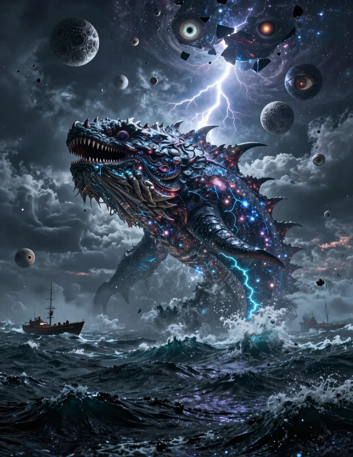 Cosmic leviathan rising from a black stormy ocean