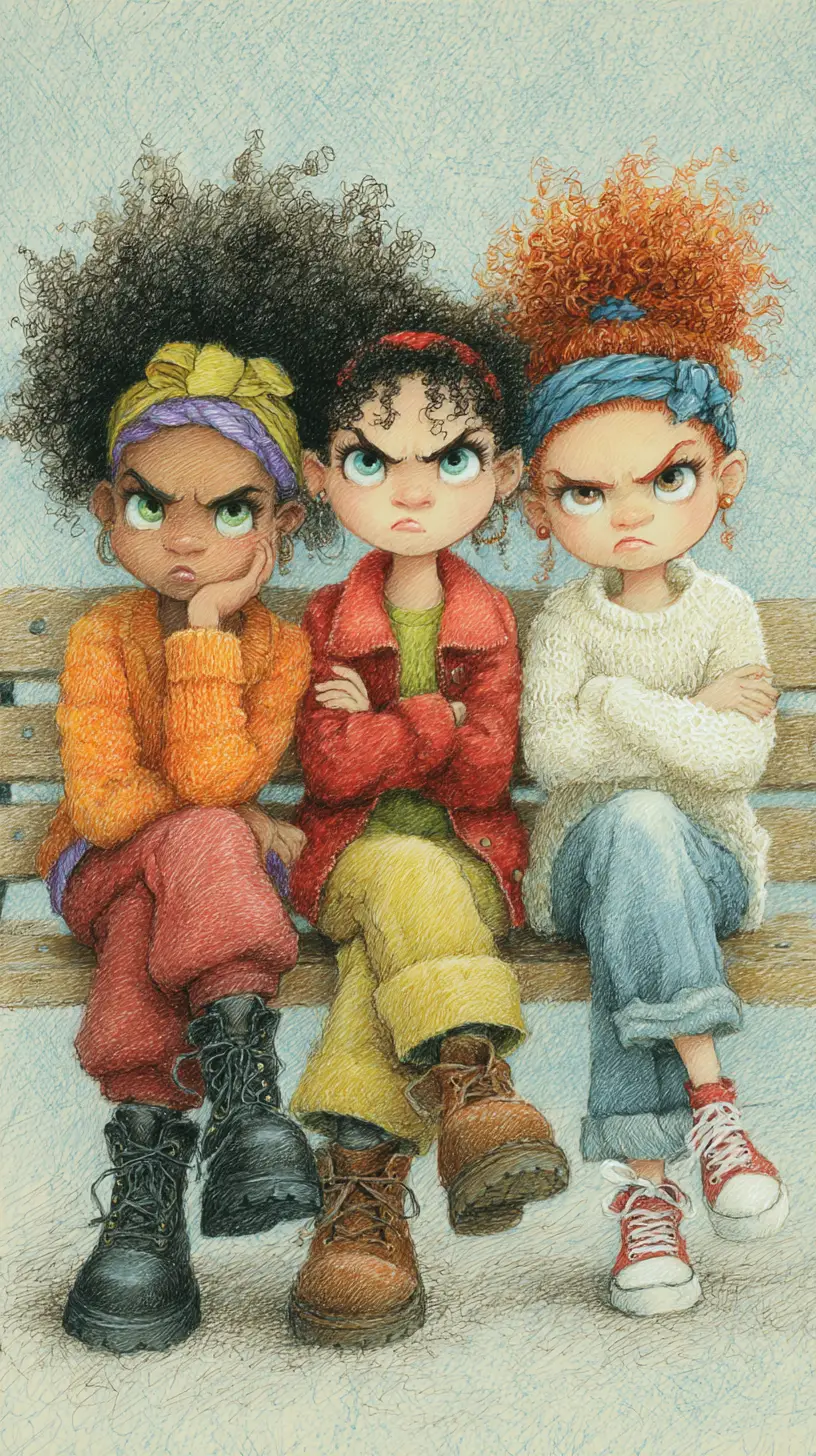 Three Grumpy Little Girls On A Wooden Bench Drawing