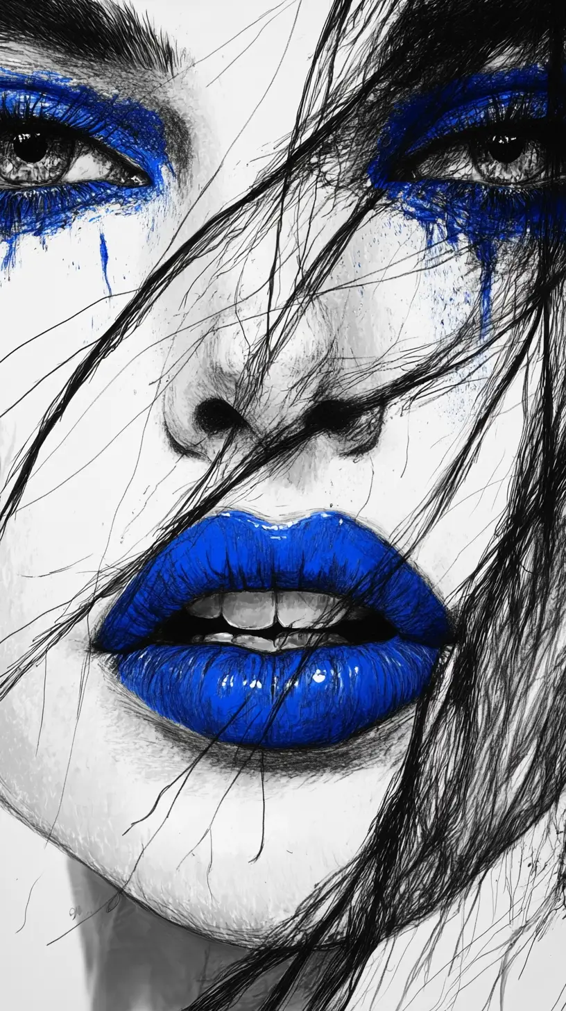 Close up sketch of a woman with electric blue makeup
