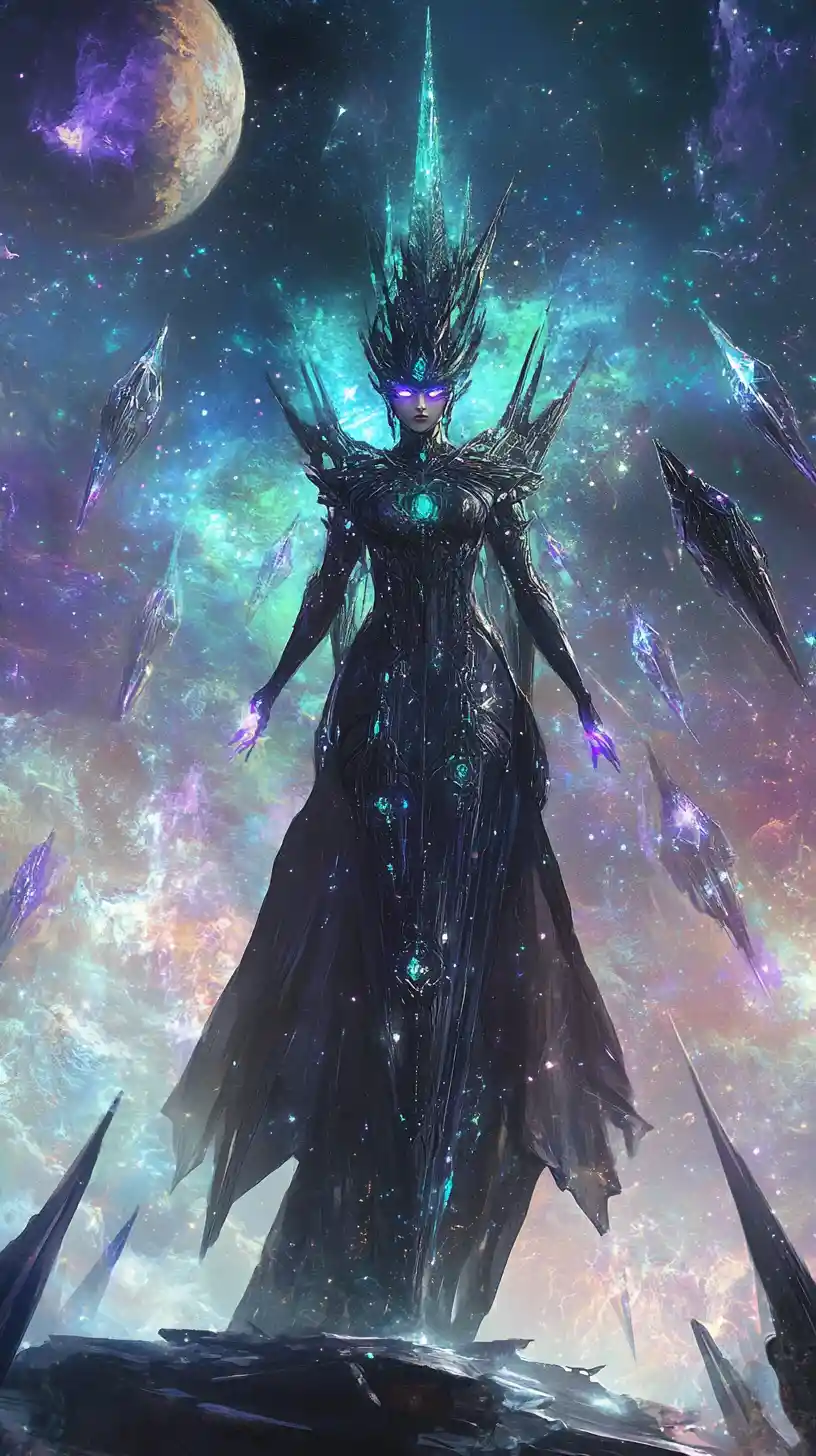 Majestic cosmic goddess commanding a crystalline starship fleet