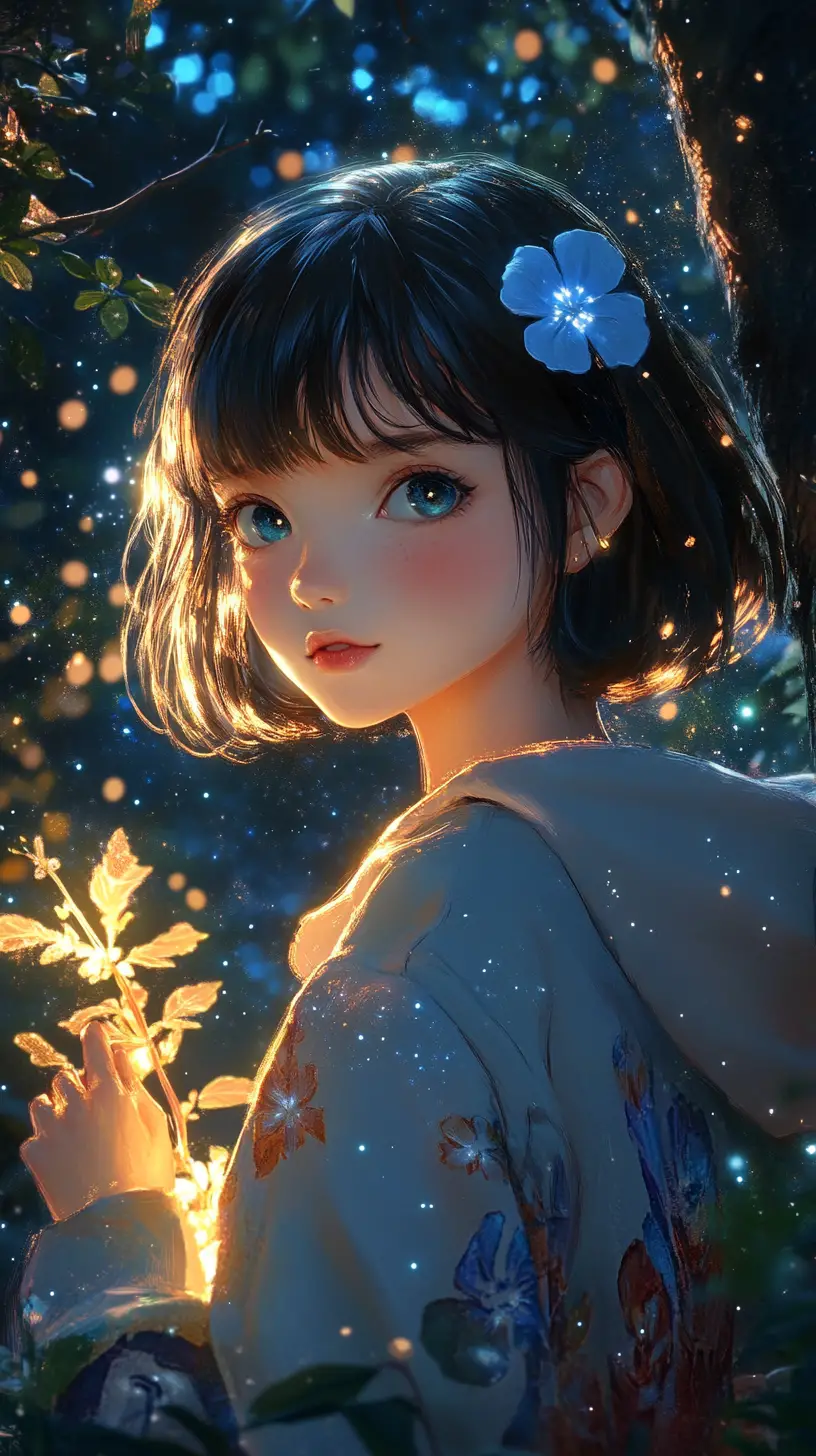 魔幻夜色森林中握著發光植物的動漫少女