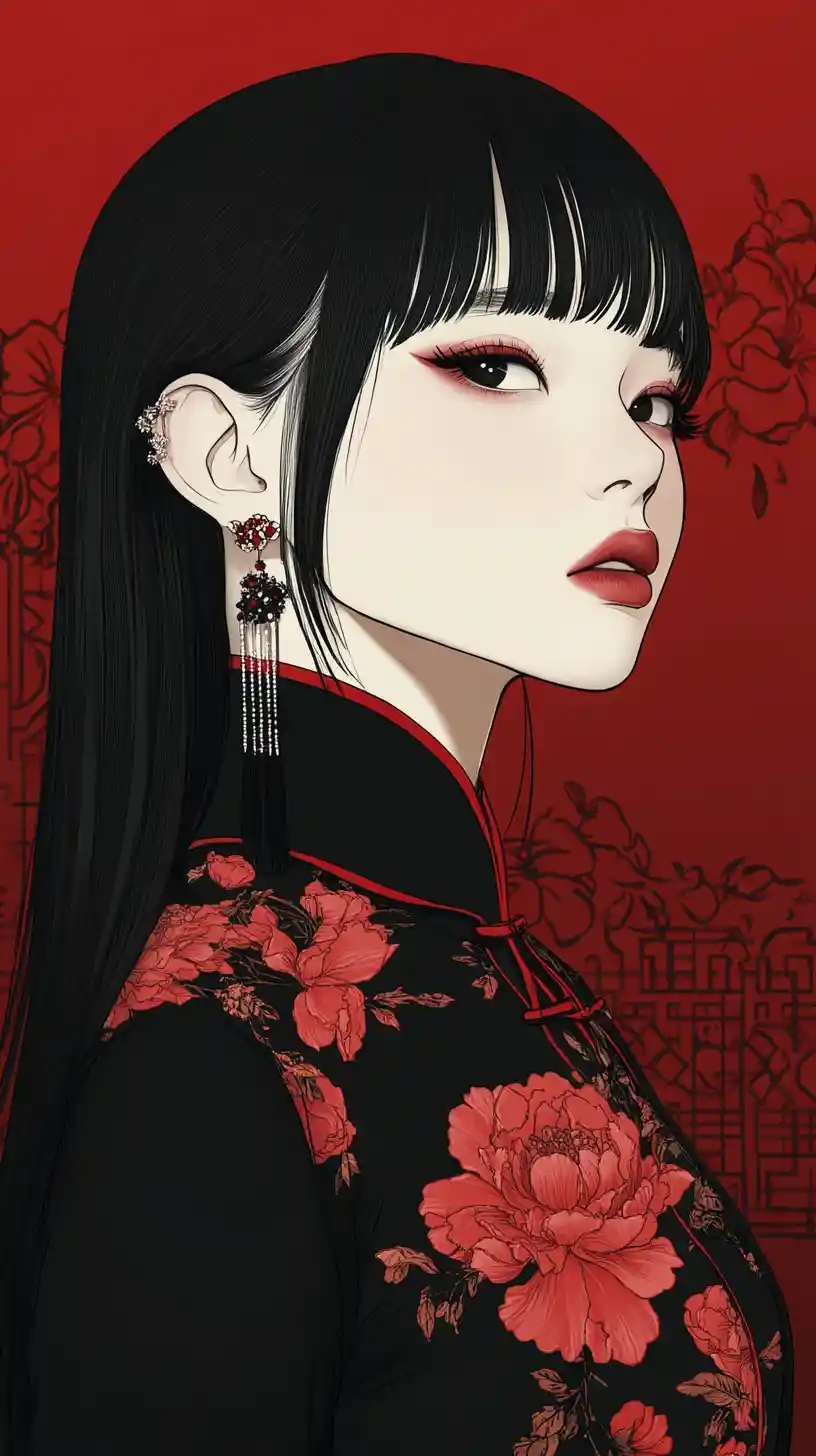 Manga woman in black cheongsam with red floral details