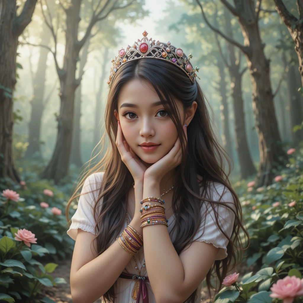 Cute nerdy girl with bangles in an enchanted forest