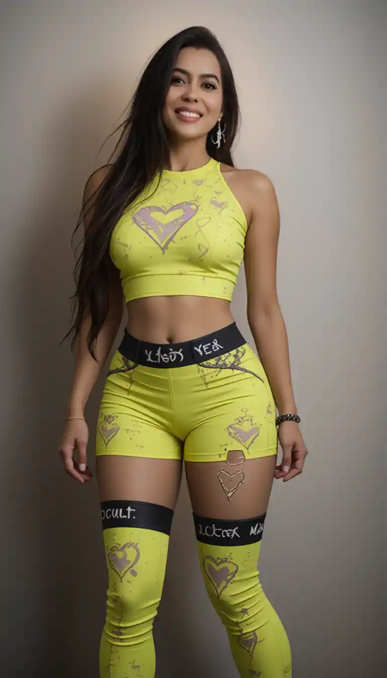 Smiling woman with long hair in neon yellow sportswear