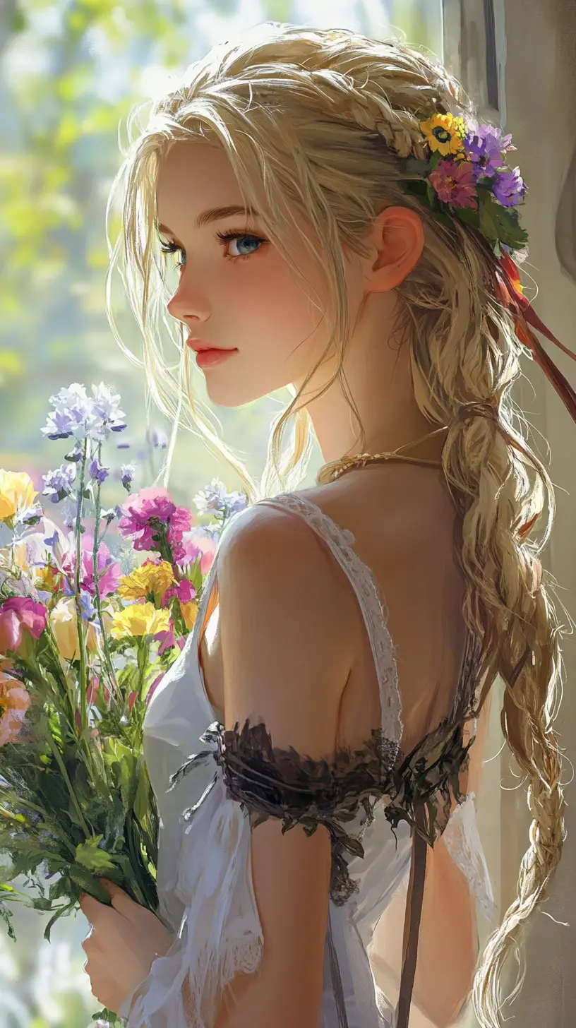 Blonde girl with flowers in a bright window portrait