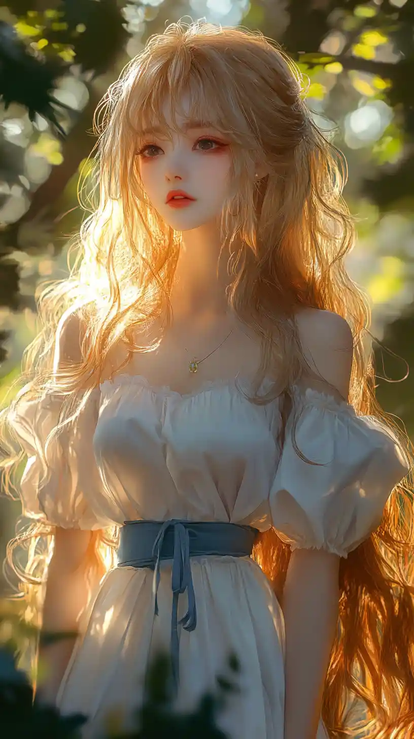 Anime woman in sunlit forest with glowing blonde hair