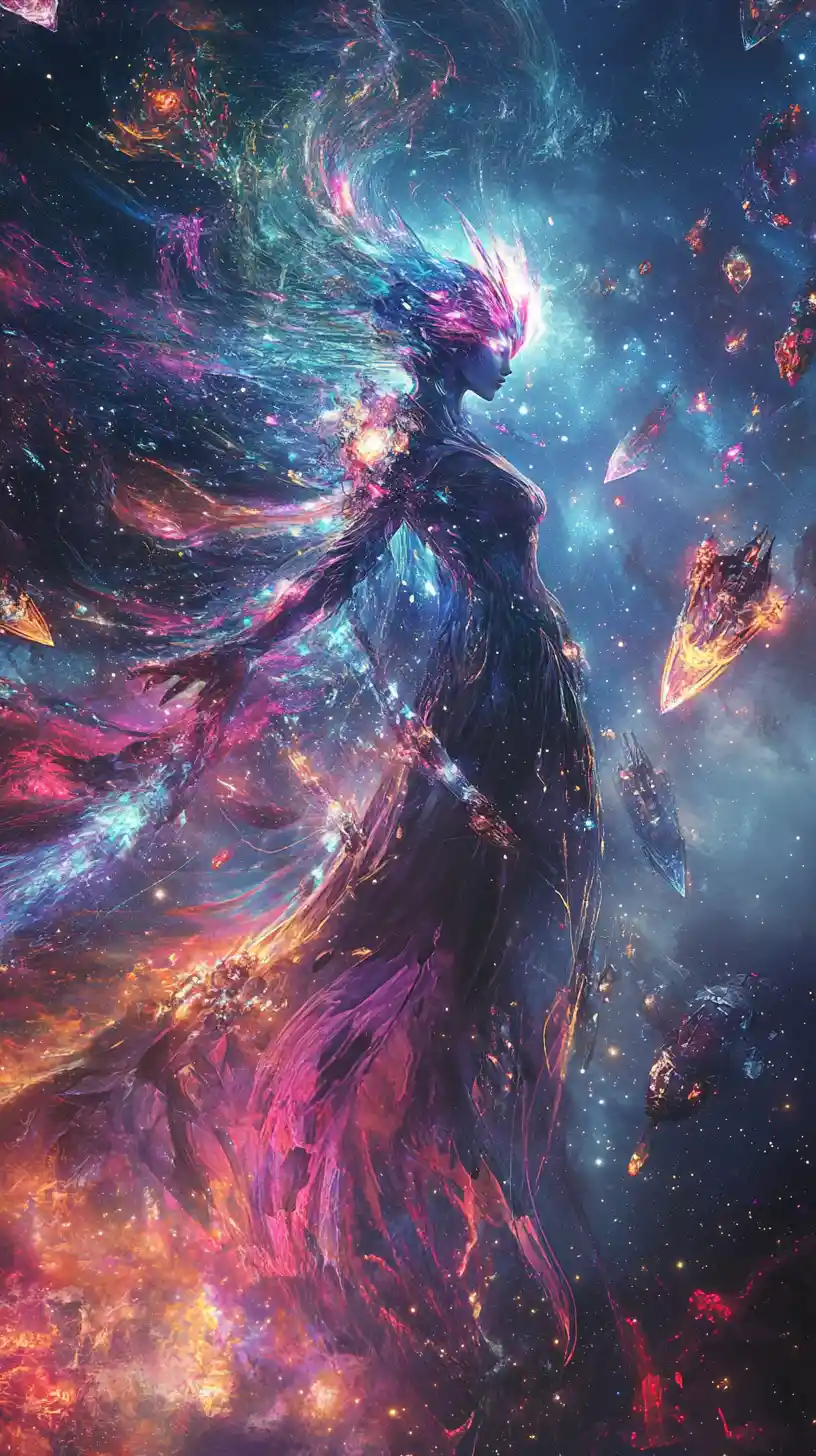 Celestial warrior goddess commanding crystalline starships in battle