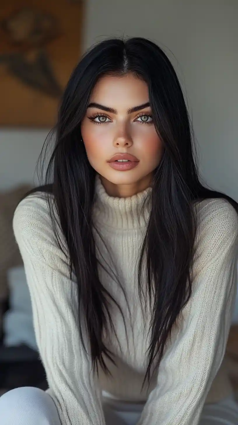 Young woman posing in sweater and pants at home