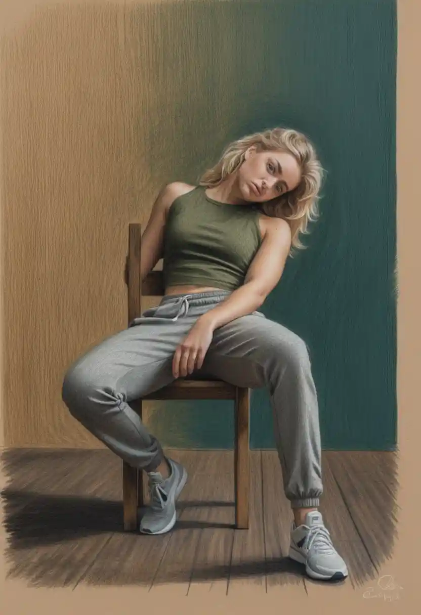 Seated woman in spotlight drawn with colored pencils