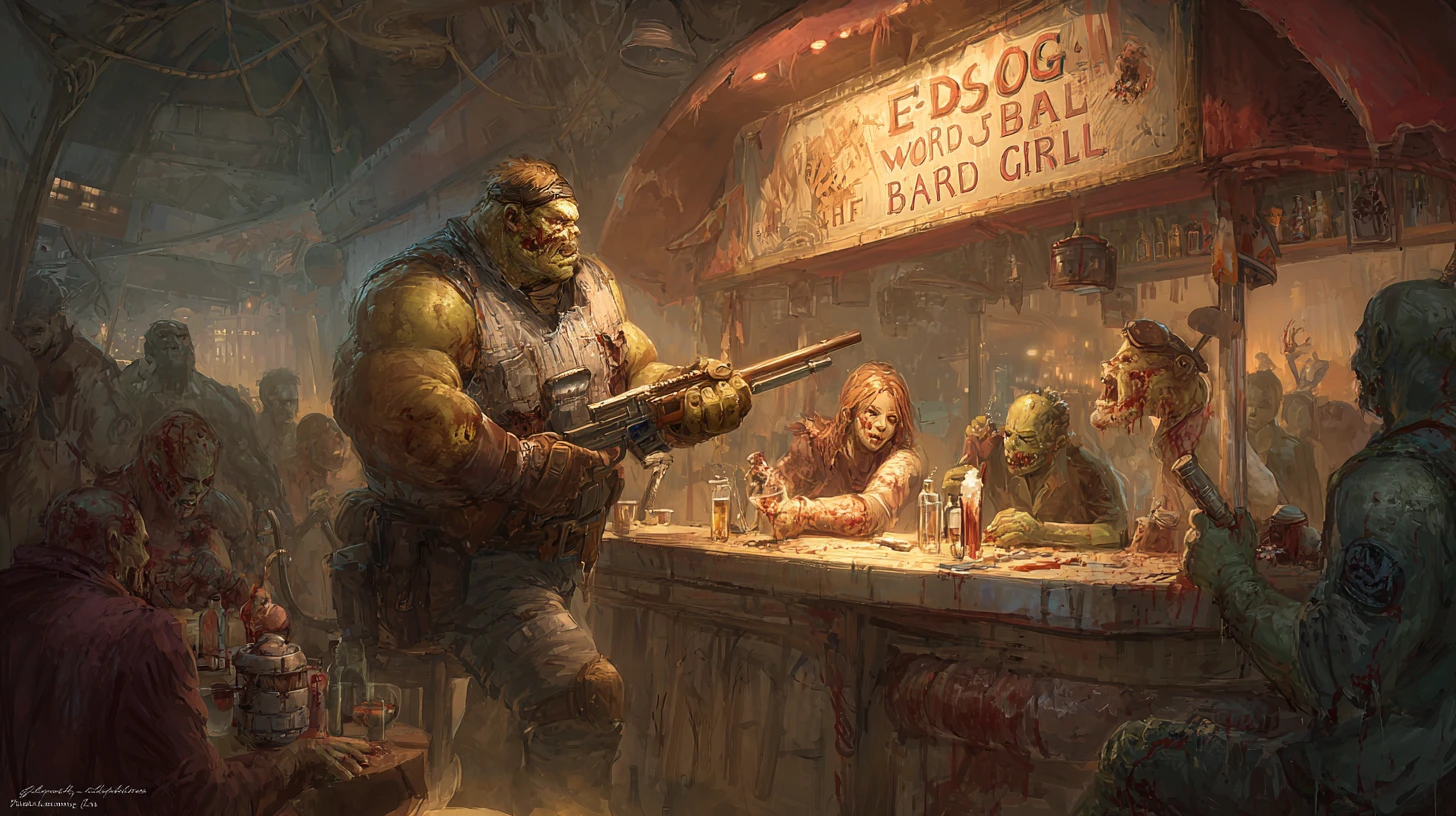 Post apocalyptic bar scene with zombies and mutants drinking