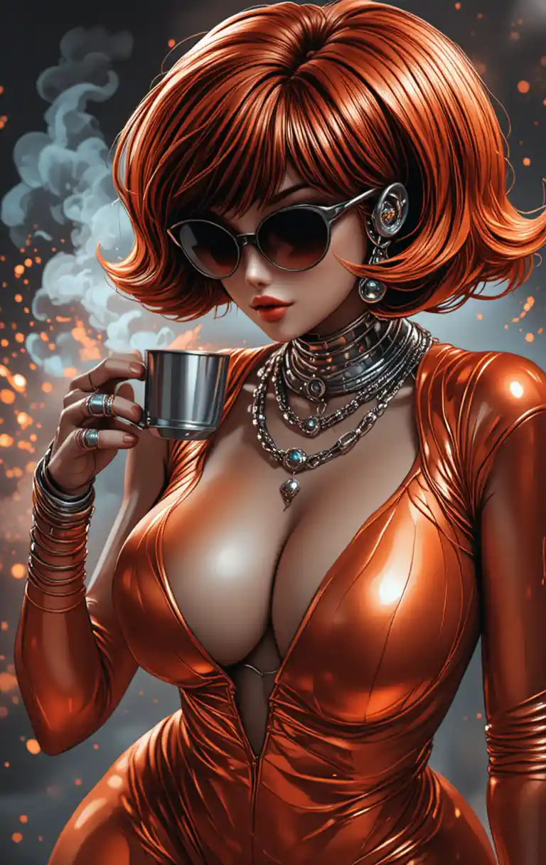 Futuristic red haired woman in metallic orange with coffee