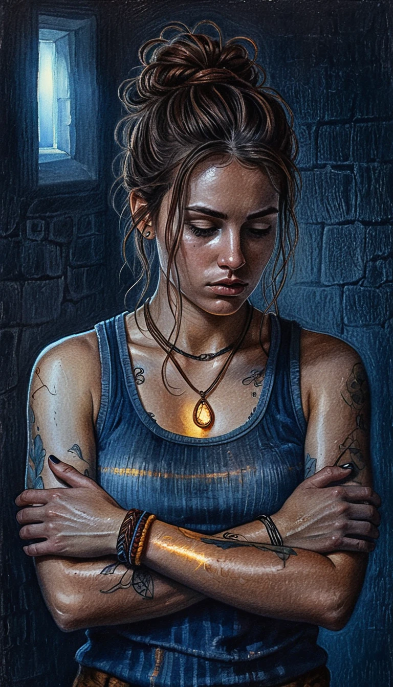 Introspective woman with glowing pendant in shaded room