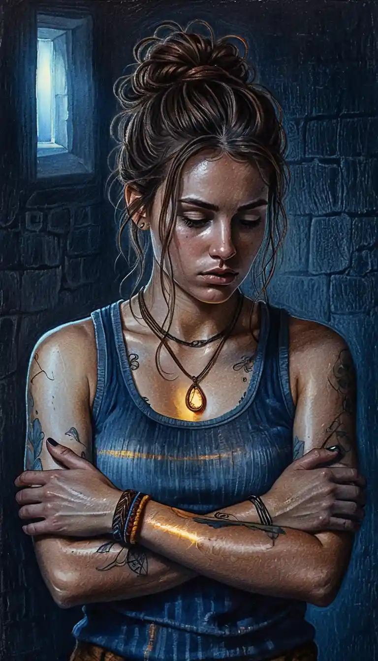 Introspective woman with glowing pendant in shaded room