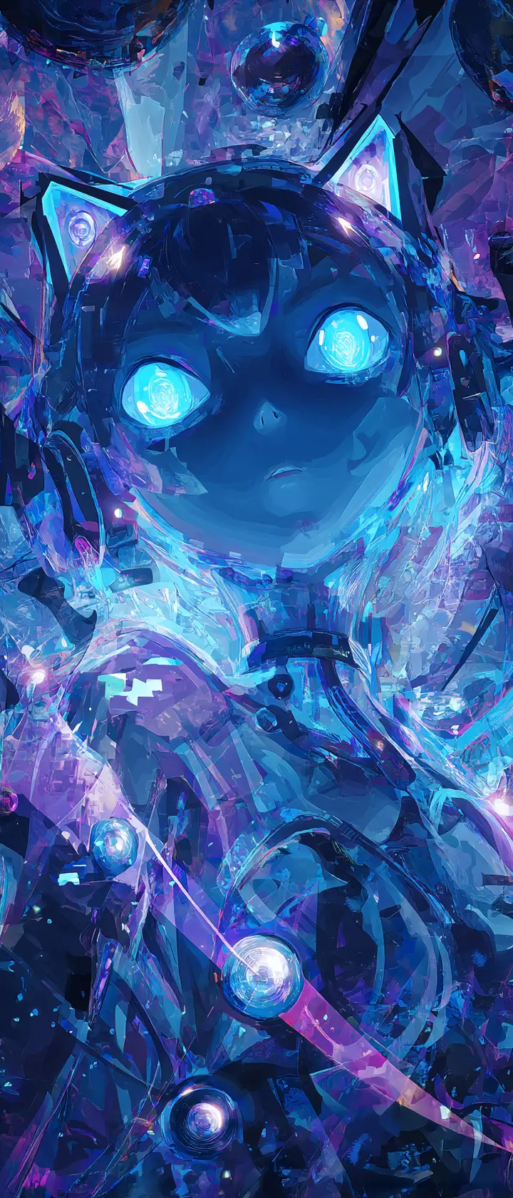 Cybernetic anime catgirl drifting in a glowing digital nebula