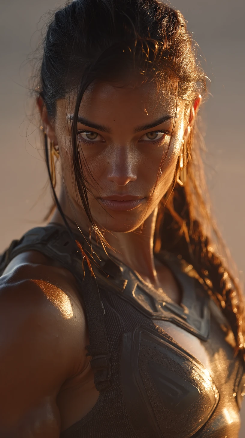 Strong middle eastern female bodybuilder in desert sunset portrait
