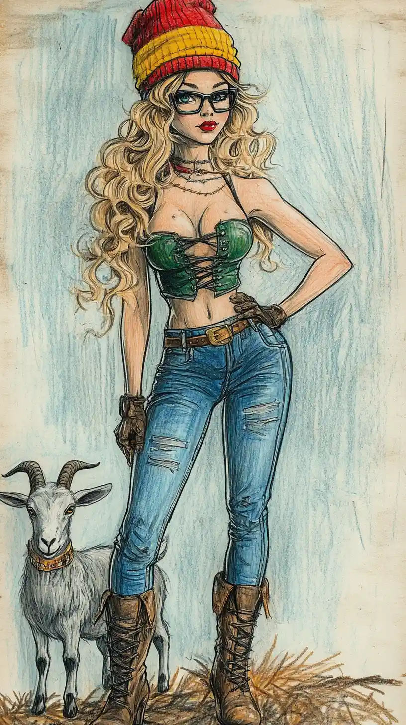 Curvy pin up woman with goat in colored pencil art