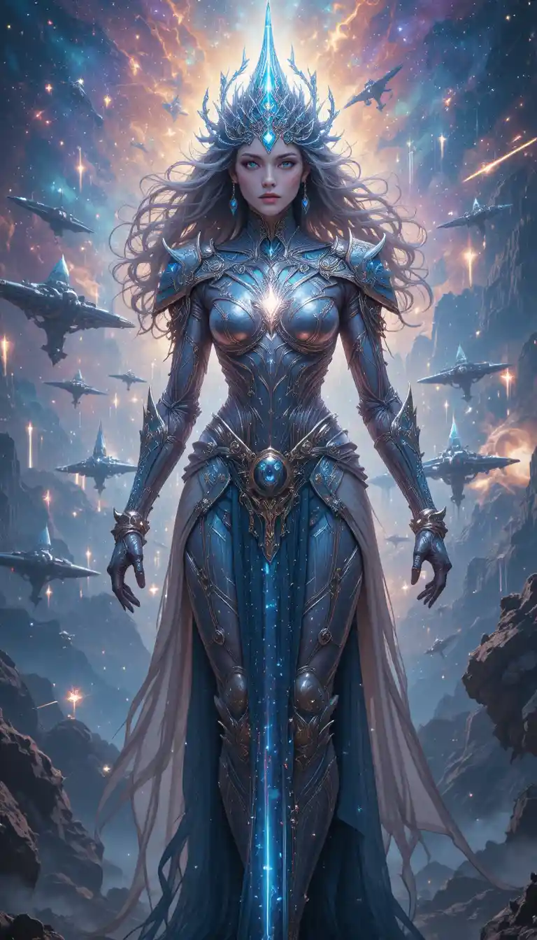 Celestial warrior goddess leading crystalline starships