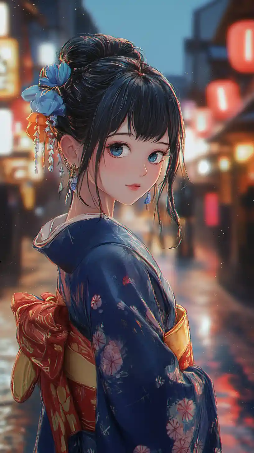 Stylish anime woman in floral kimono on neon street