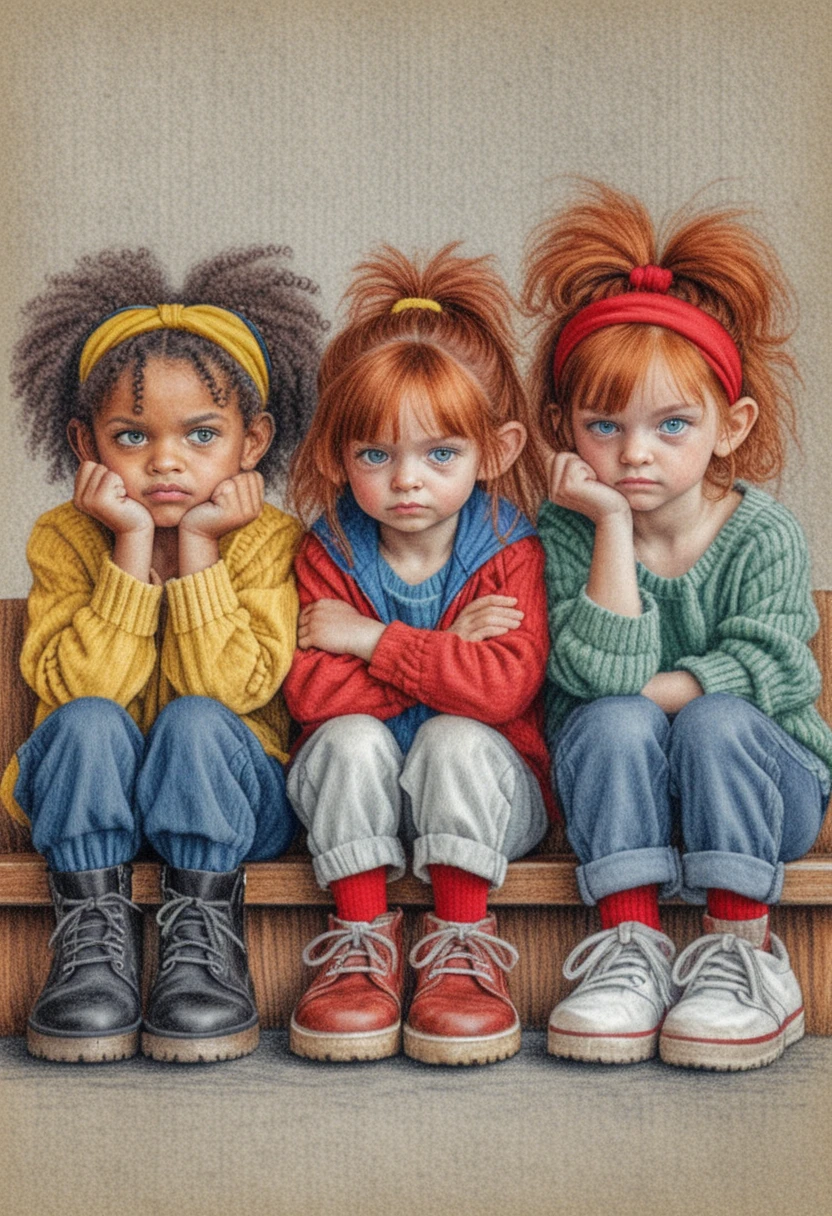 Three grumpy little girls on a wooden bench illustration