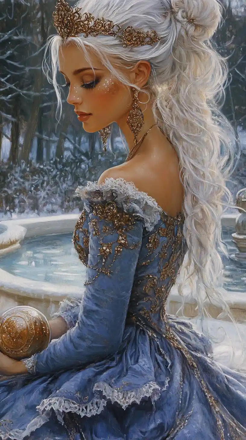 Fantasy woman in blue rococo dress by forest fountain