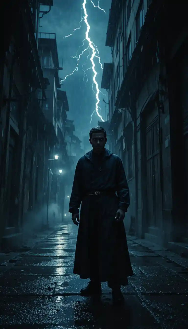 Muslim man in rainy night alley under dramatic lightning