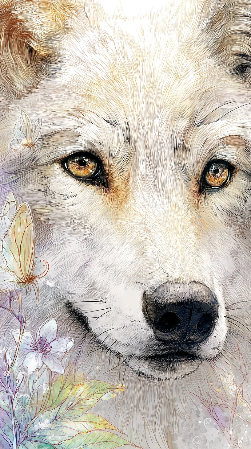 Baby wolf spirit close up in watercolor ink illustration