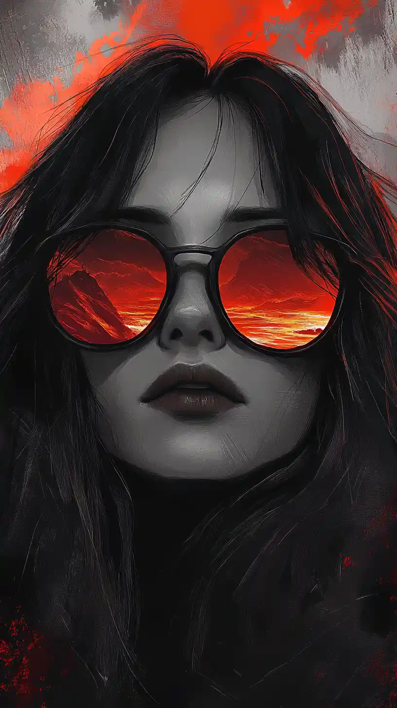 Mysterious girl in sunglasses with fiery reflected mountains
