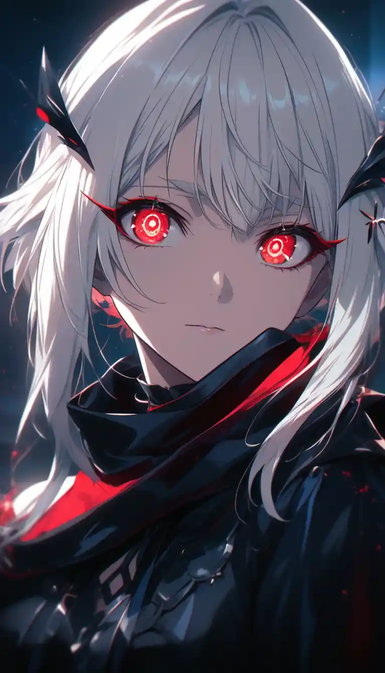 Cinematic close up of a mysterious white haired anime woman
