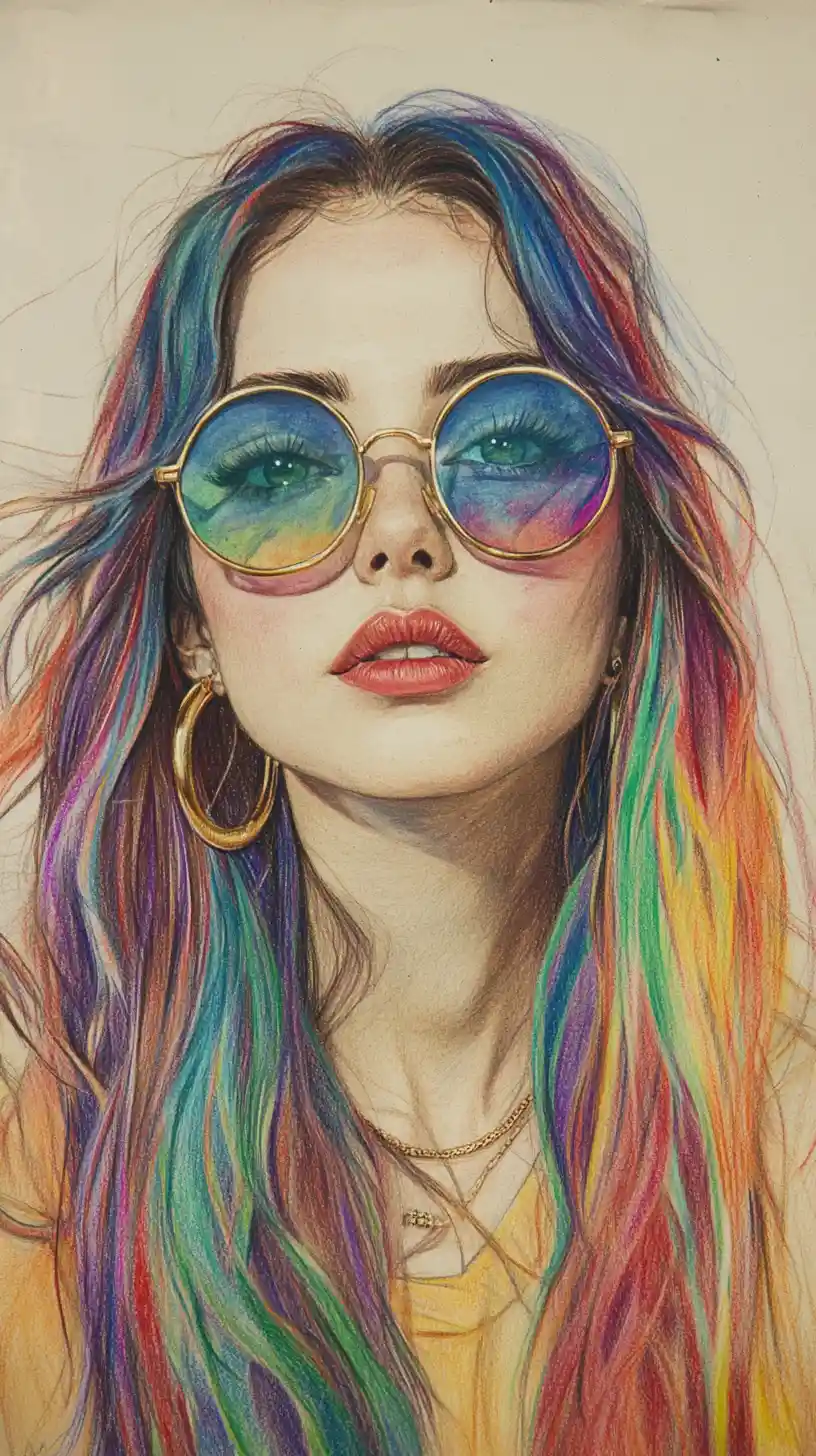 Colored pencil portrait of girl with rainbow flowing hair
