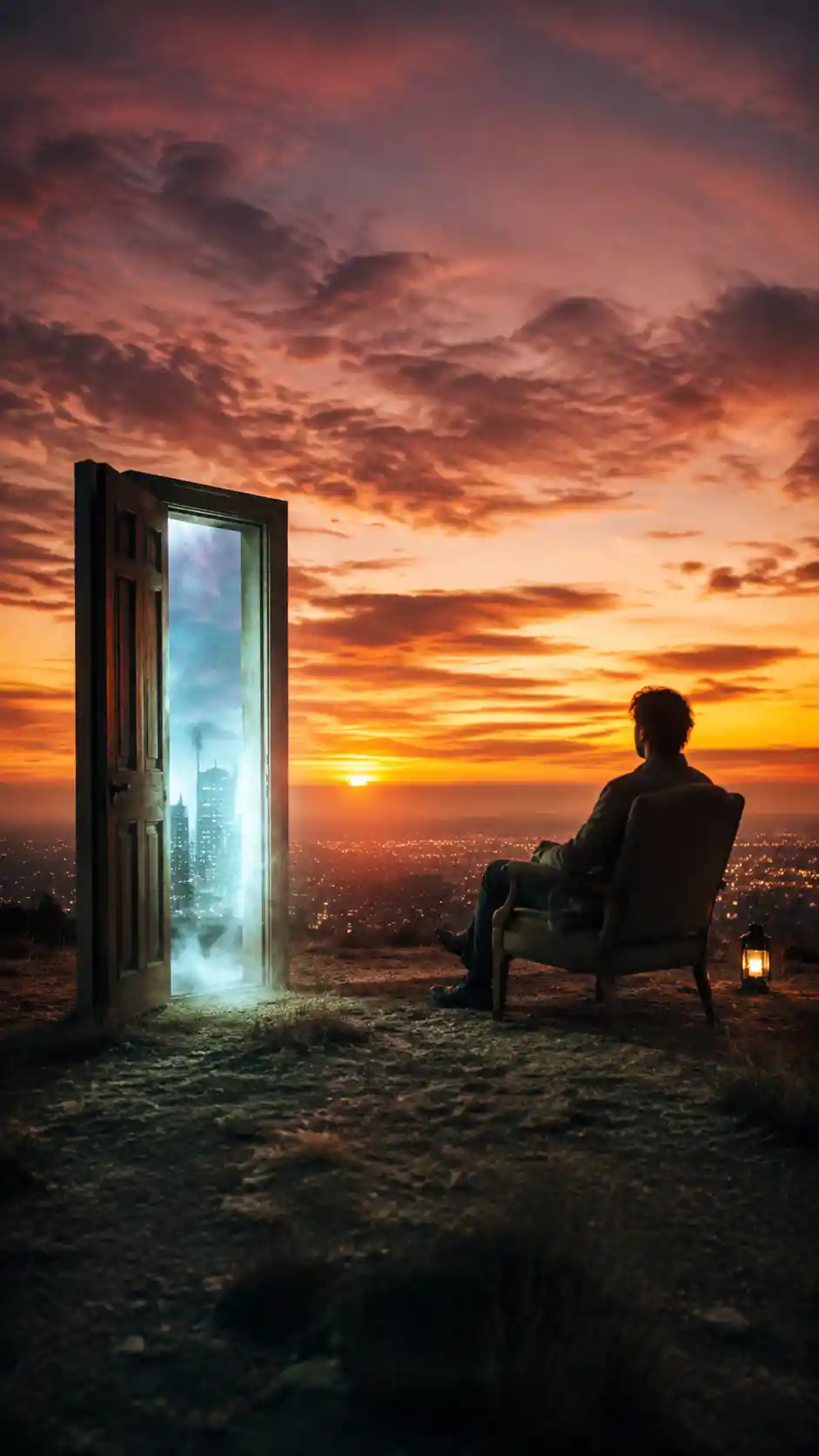 Woman on a hill beside a doorway at sunset