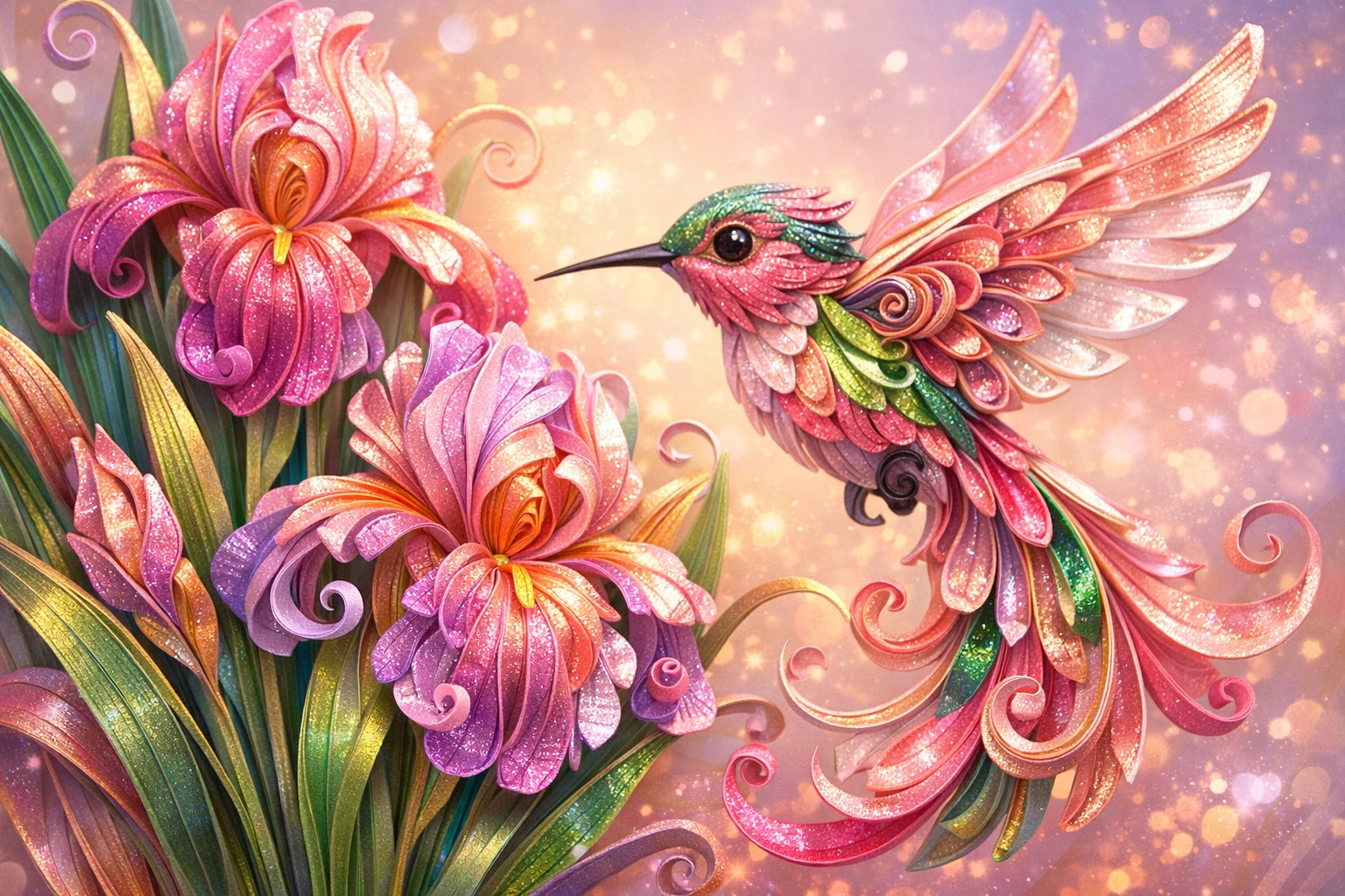 Whimsical paper quilling hummingbird near blooming iris flowers