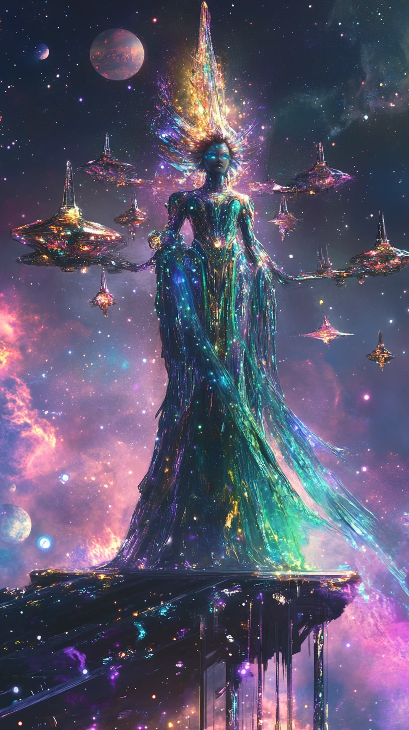 Majestic space goddess on a crystalline starship bridge