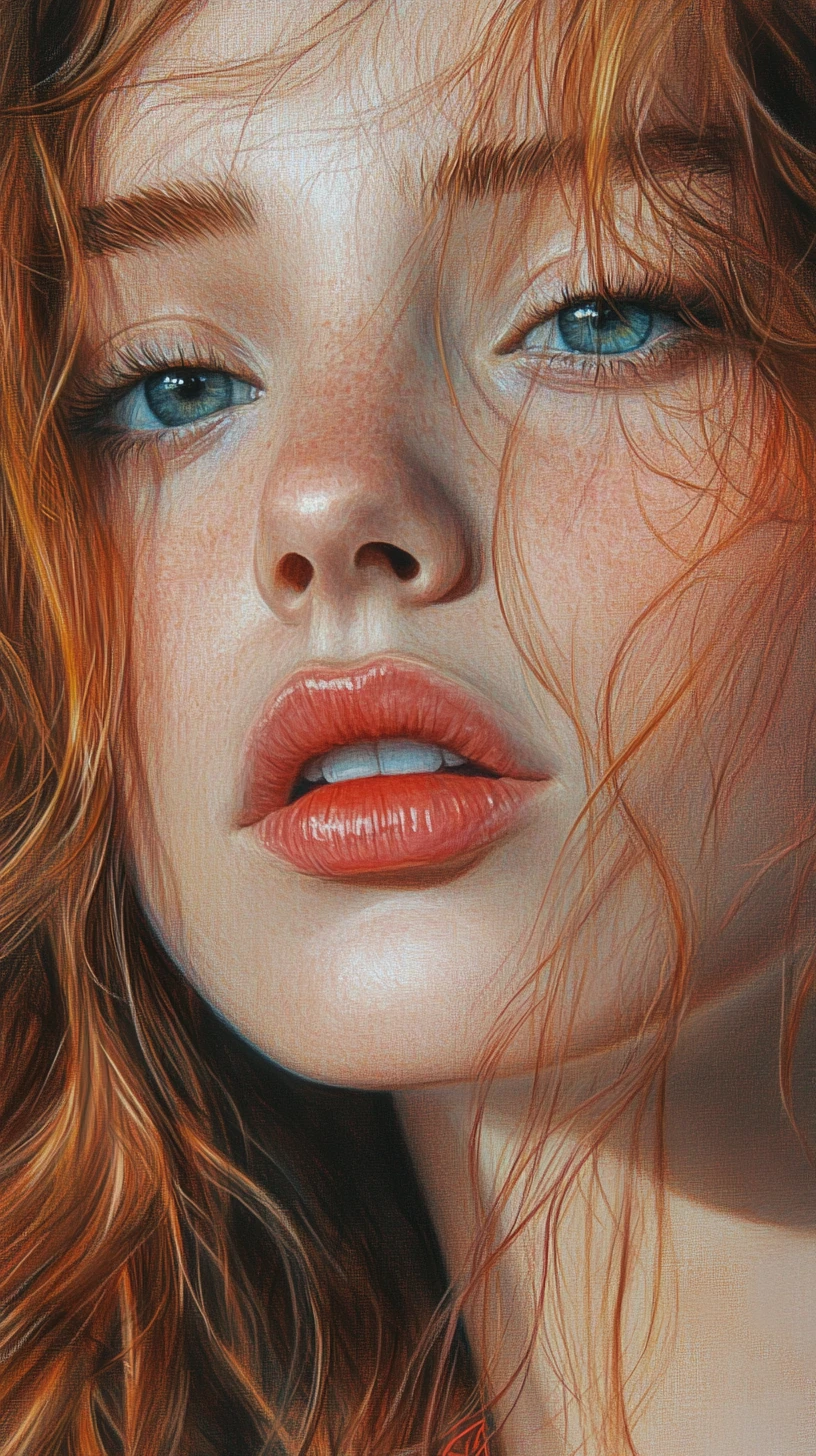 Color pencil portrait of a freckled girl with green eyes