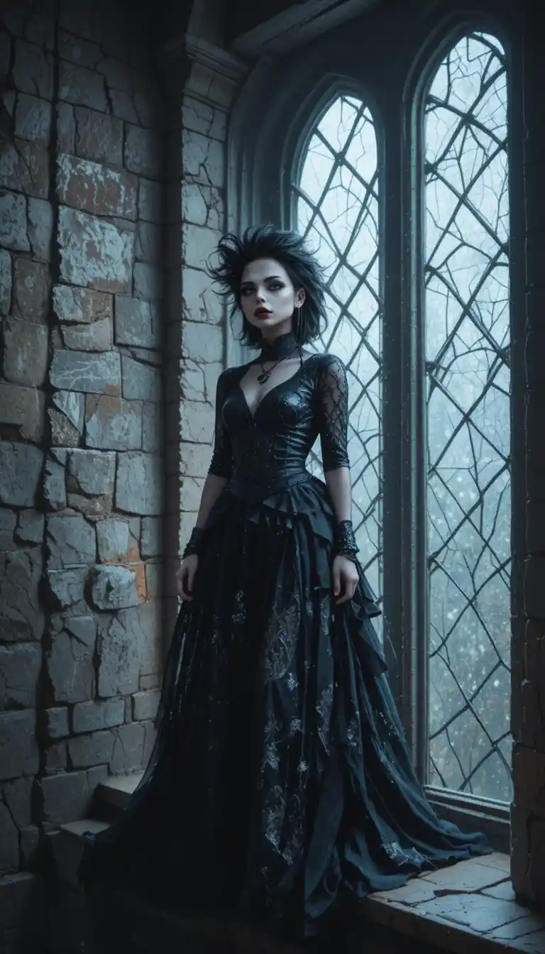 Goth girl standing on a castle window sill in a tower