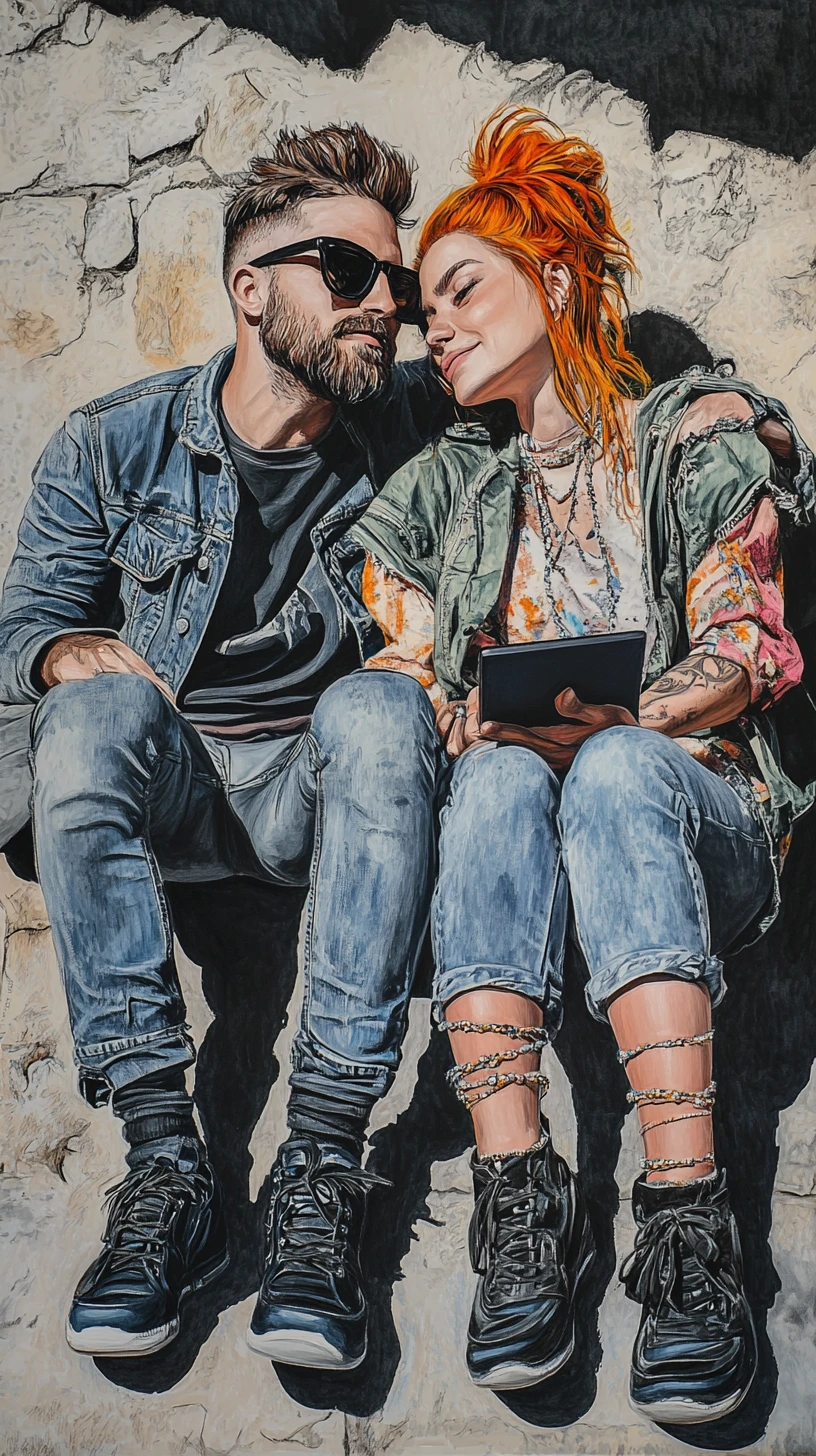 Tender couple on stone steps in colored pencil drawing