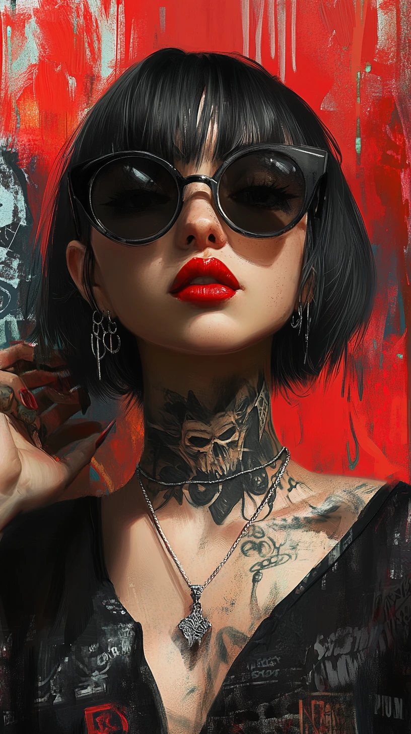 Tattooed girl in sunglasses with urban comic style