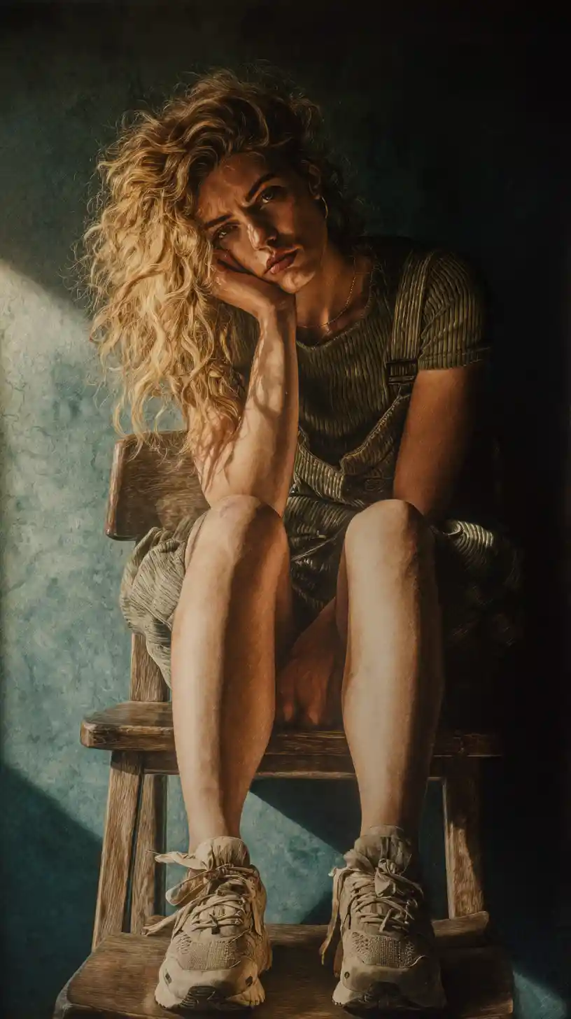 Relaxed blonde woman in colored pencil full body portrait