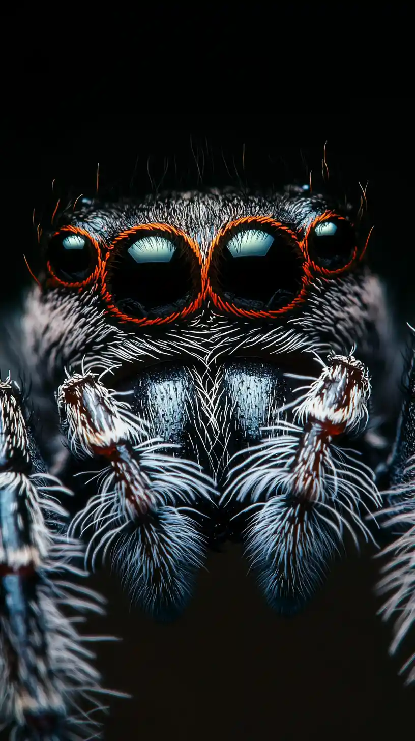 Macro close up of a jumping spider with reflective eyes