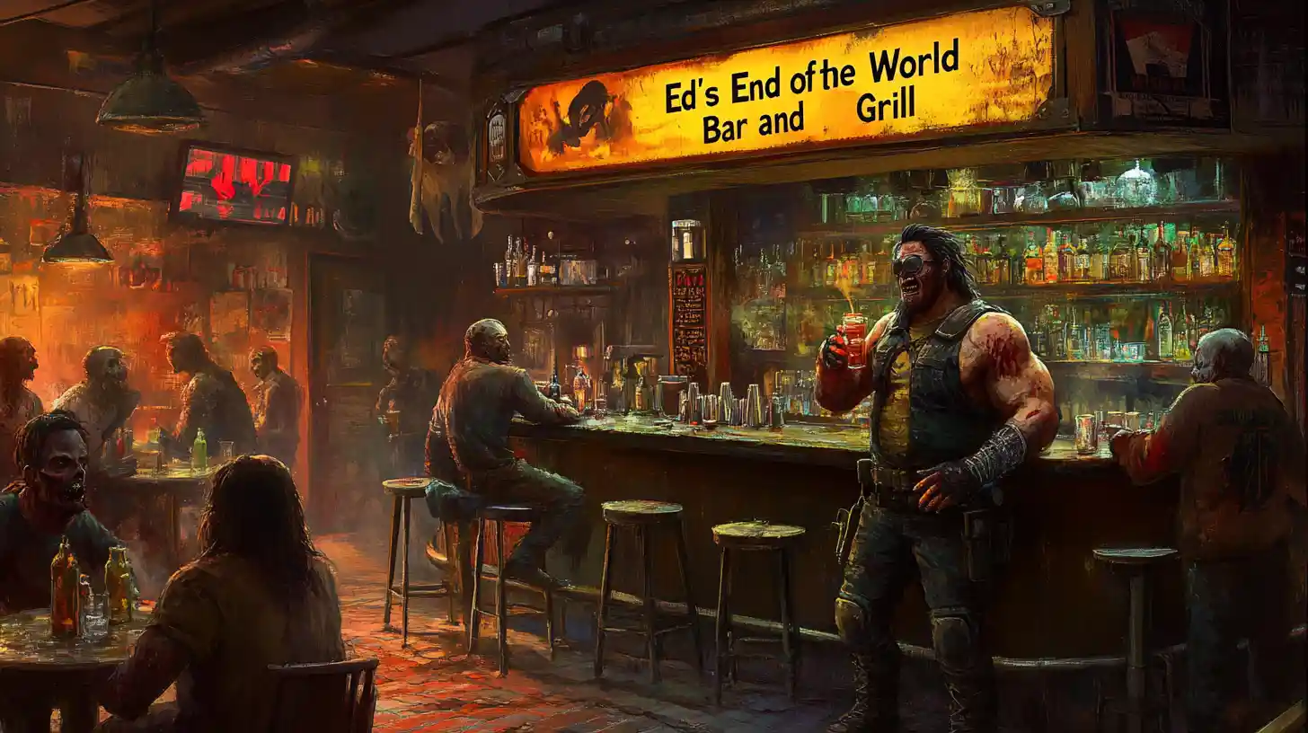 Post apocalyptic bar with armed bartender serving undead patrons