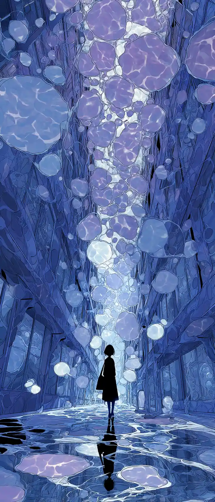 Anime traveler in endless corridor of living mirrors