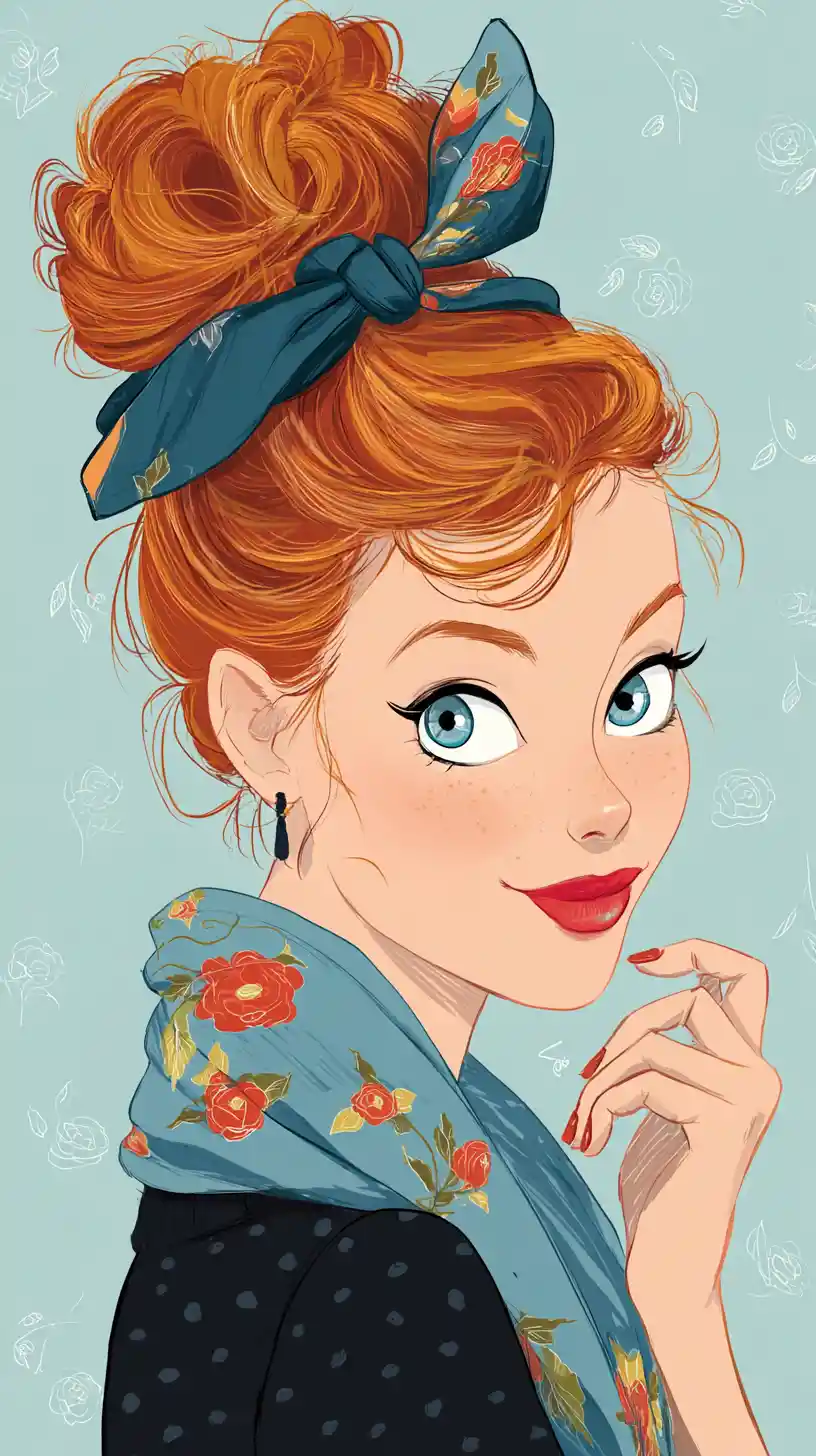 Vintage red haired woman portrait with blue scarf