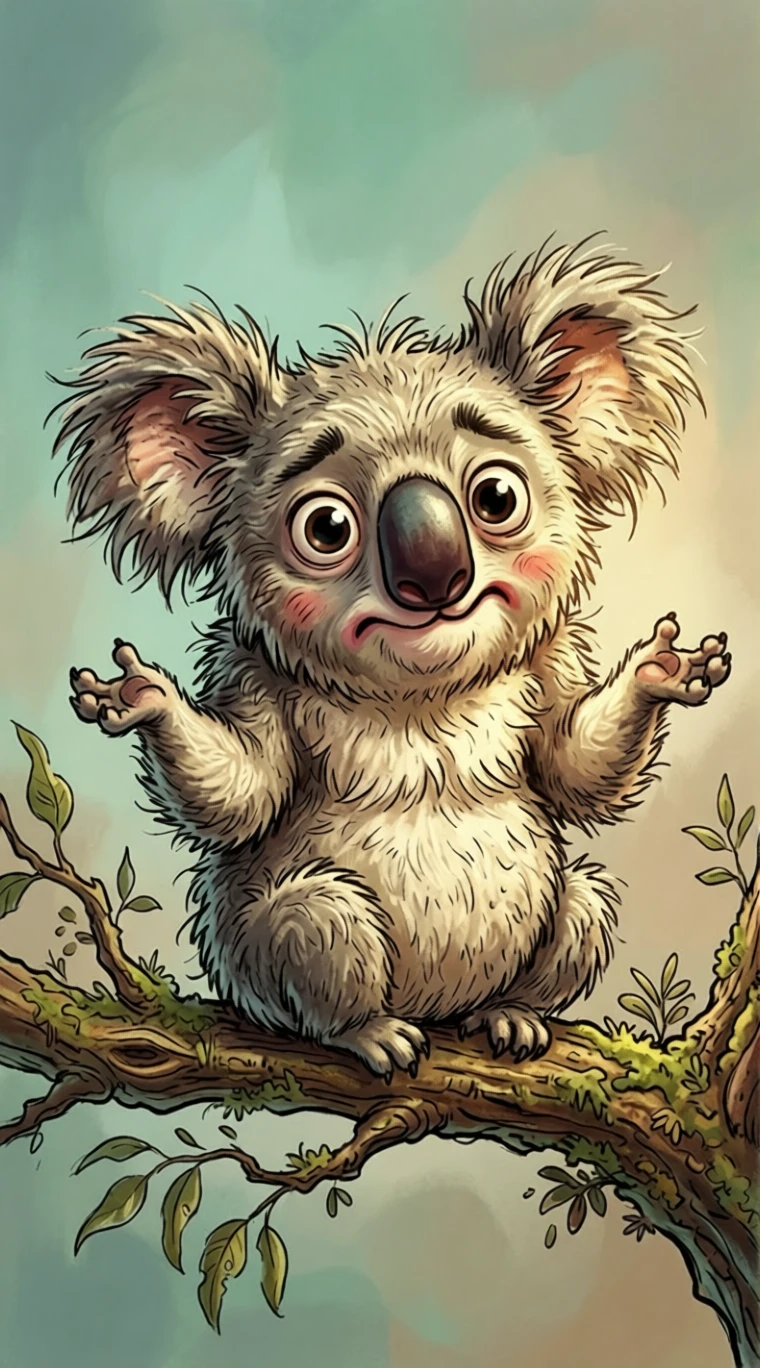 Cute cartoon koala shrugging with bold chiaroscuro lighting
