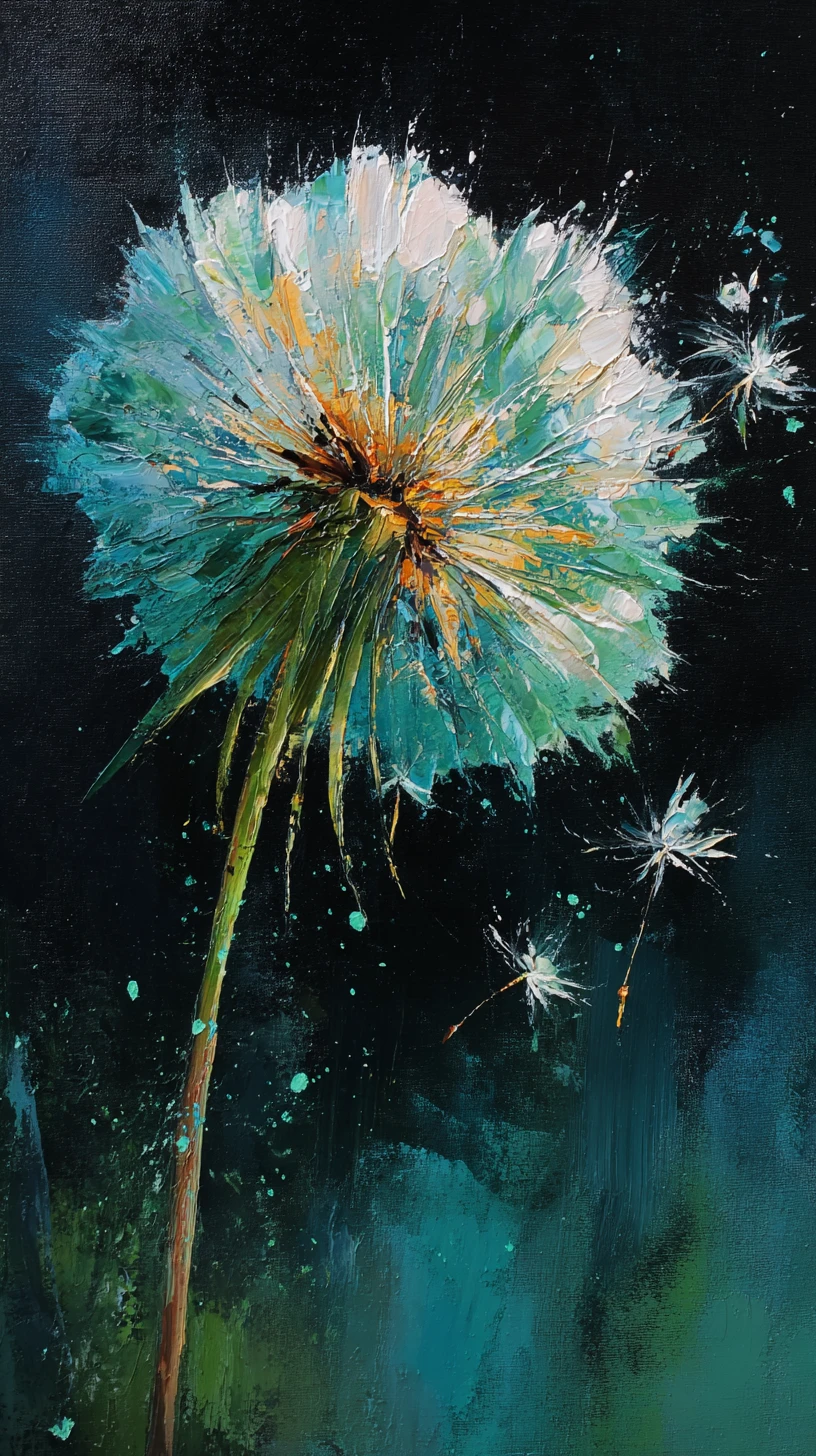 Oil painting close up of a dandelion releasing seeds