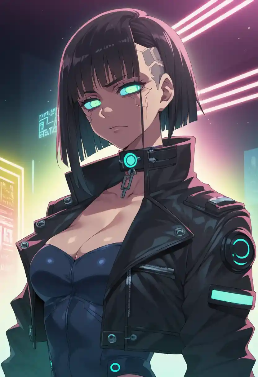 Cyberpunk anime woman posing in a neon lit hallway
