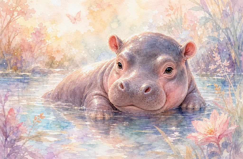 Cute baby hippo resting in sparkling shallow water