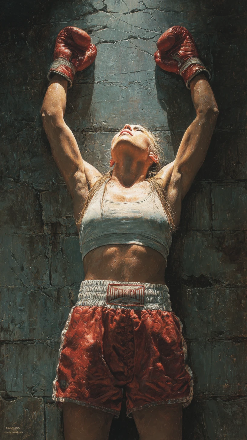Hyperrealistic drawing of a determined female boxer in low angle
