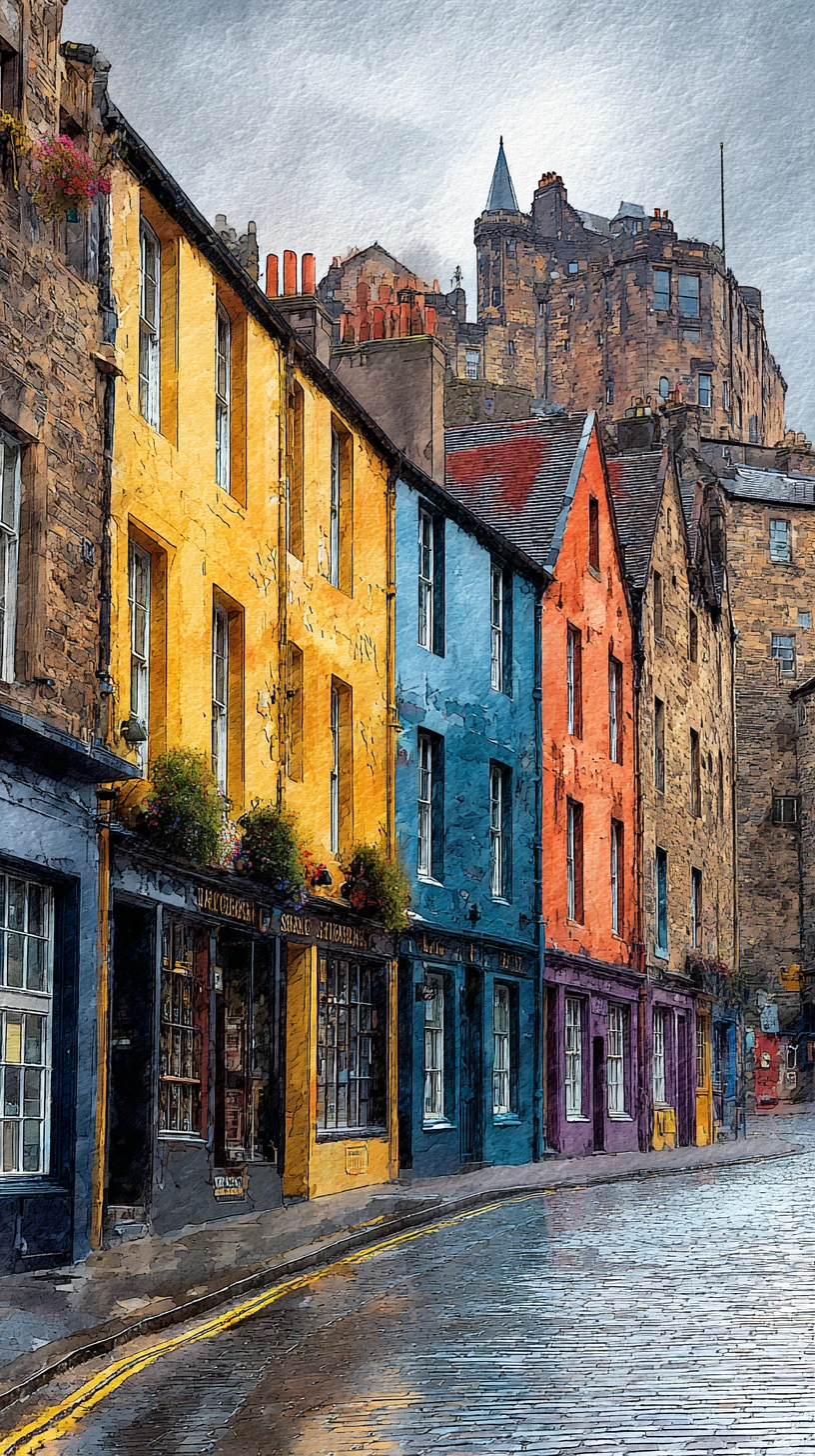 Historic watercolor view of Edinburgh old town and castle