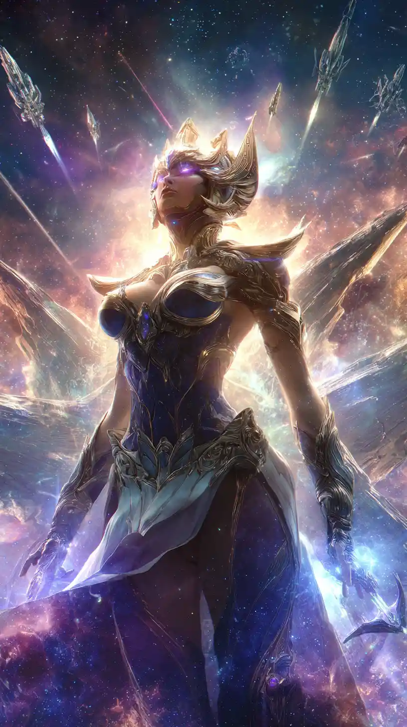 Celestial armored goddess commanding crystalline starships in space